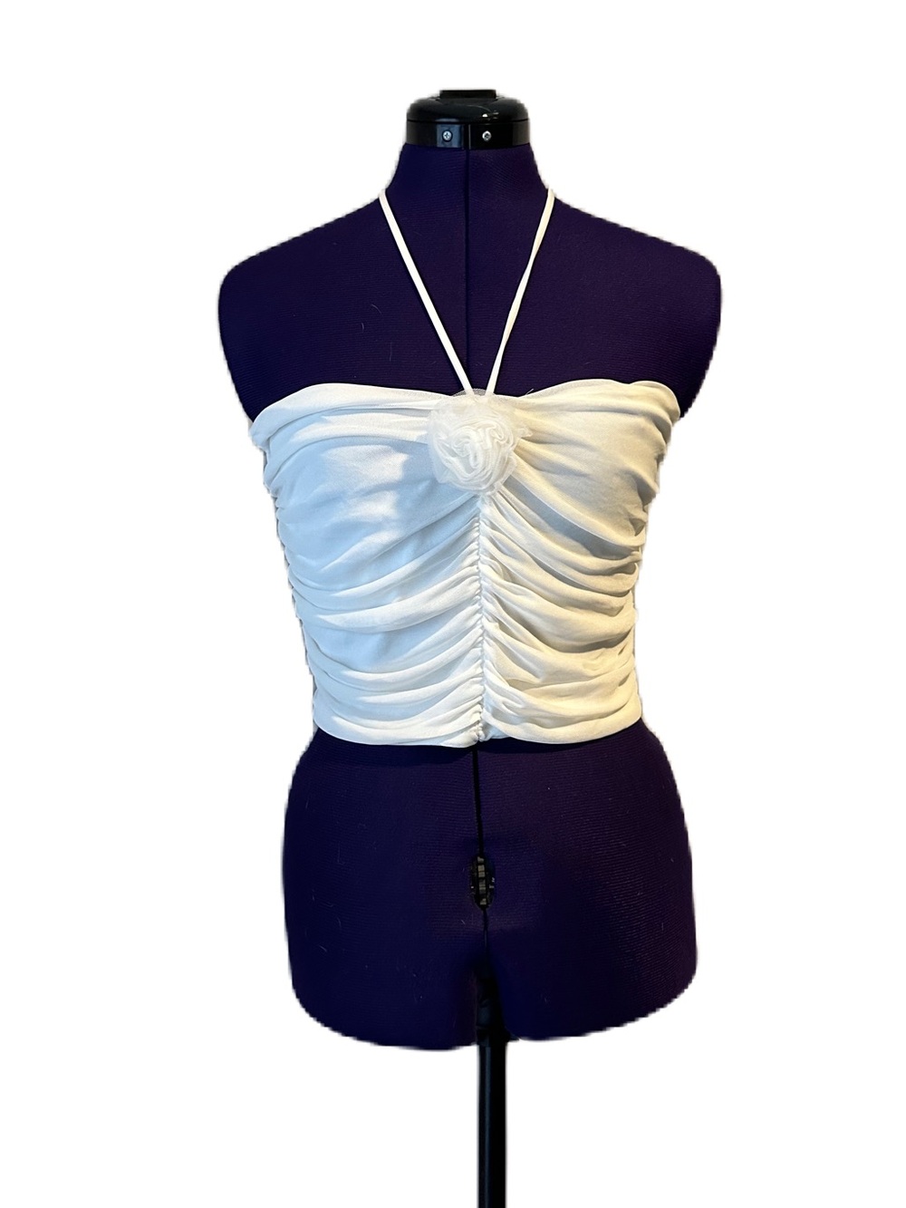 White Strapless Rouched Mesh Halter Tie Crop Top
